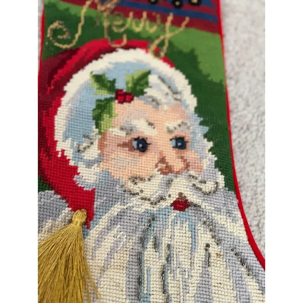 Vintage Wool Santa Claus Needlepoint by Hand Beaded 